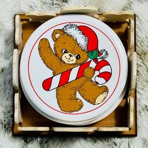 Vintage Christmas Teddy‎ Bear Candy Cane Coasters Set of 6 With Holder Nostalgia
